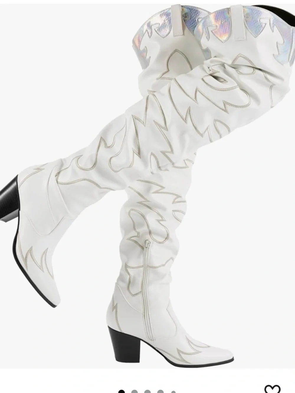 Dolls Kill White Over-the-Knee Western Boots with Iridescent Trim